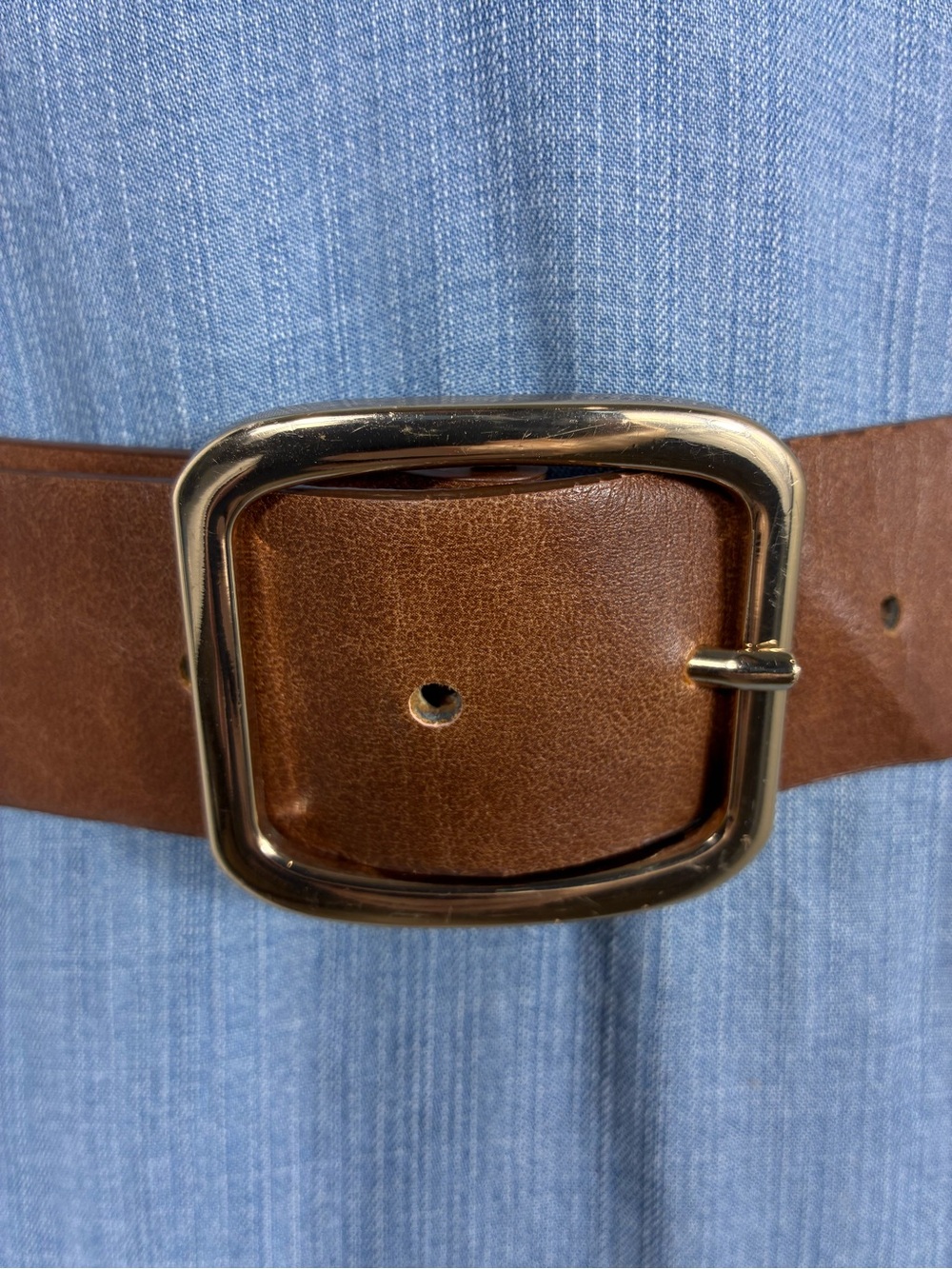 Womens belt 37” long brown faux leather gold squared buckle